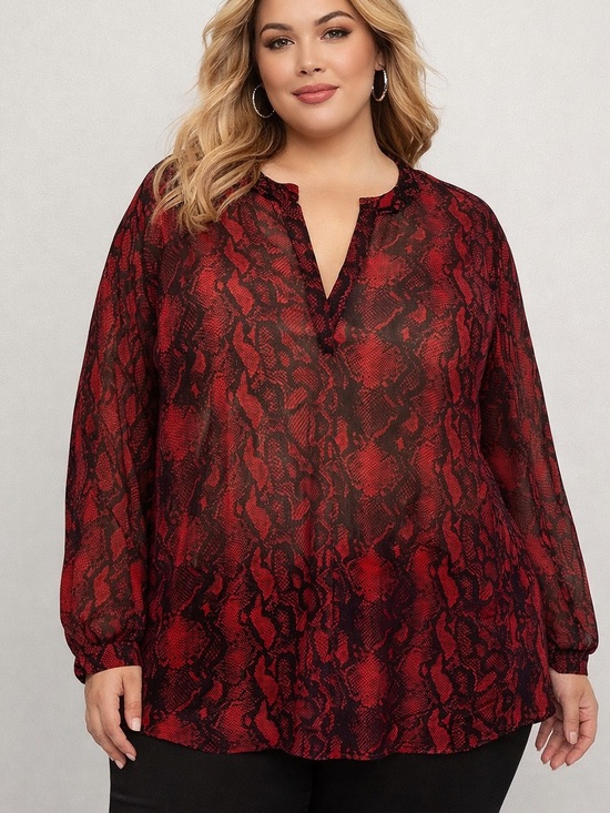 George Tops - 😍SHOW SPECIAL George Red Snake Print Long Sleeve Sheer Blouse 3X